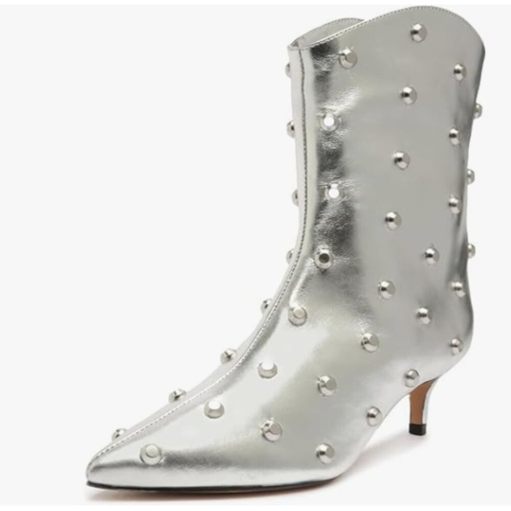 Miss left Silver Unique Studded Round Rivets Pointed Toe Kitten Heel Ankle Boots